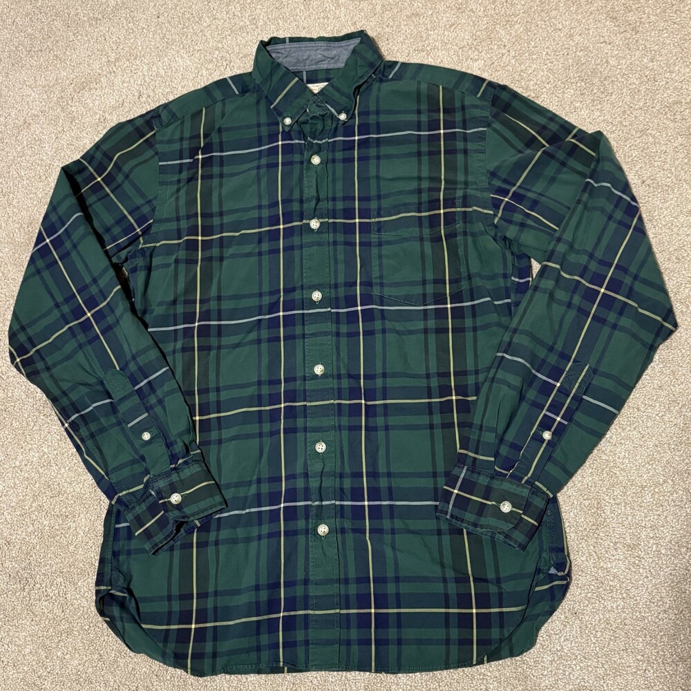 J Crew Mens 2 Ply 100% Cotton Button Down Shirt Green Blue Plaid, Sz S 14-14.5
